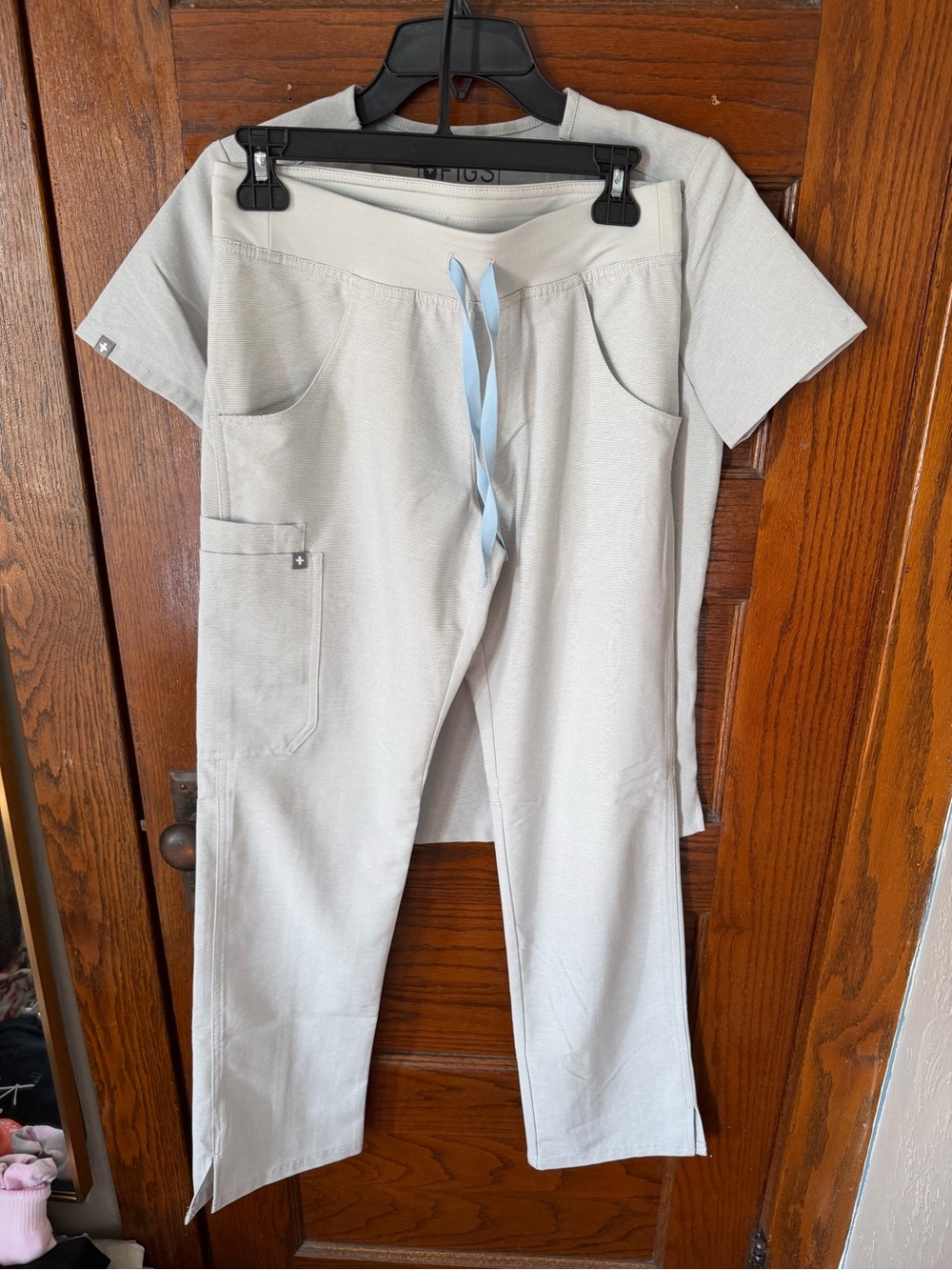 Figs Women's Light Gray Straight-Leg Scrub Pants with Blue Drawstring